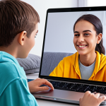 **

A teenager is video conferencing with a therapist on a laptop. The teenager is sitting comfortably in their modern, brightly lit bedroom, casually dressed. The therapist is displayed on the screen, smiling empathetically. Emphasize the digital aspect with stylized UI elements around the video call, such as connection strength icons. The overall atmosphere should be clean, modern, and reassuring, reflecting the accessibility of digital therapy. Subtle futuristic elements can be included.

**