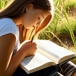 **

A serene teenager journaling in a peaceful natural setting, bathed in warm sunlight. Focus on conveying a sense of introspection, calm, and self-discovery. Include elements that represent thoughts and emotions subtly visualized around them. The style should be slightly dreamy and painterly.

**