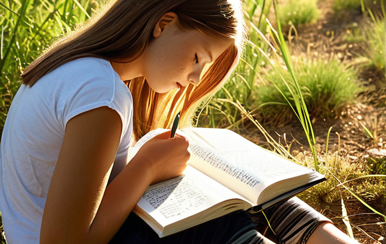 **
A serene teenager journaling in a peaceful natural setting, bathed in warm sunlight. Focus on conveying a sense of introspection, calm, and self-discovery. Include elements that represent thoughts and emotions subtly visualized around them. The style should be slightly dreamy and painterly.
**