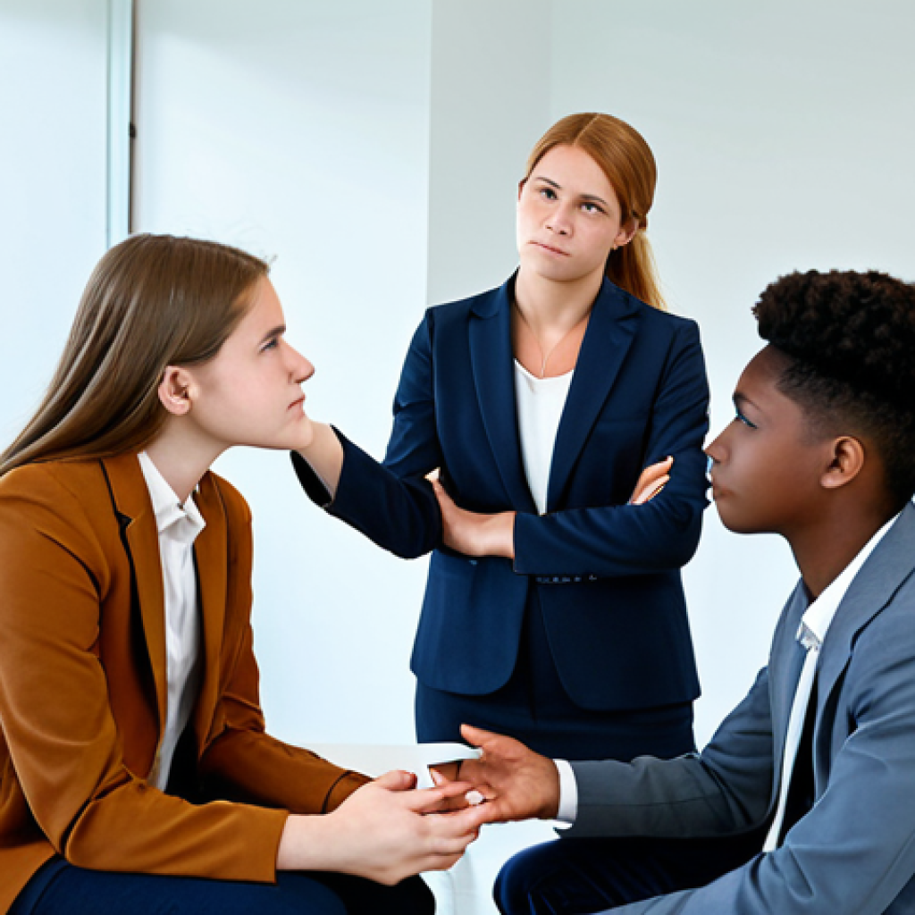 A professional female counselor, fully clothed in a modest business suit, gently engaging with a diverse group of four teenagers, all in appropriate, fully clothed, casual attire, within a modern, well-lit counseling room. The background subtly suggests digital presence with abstract elements, but no active screen use. The counselor has a compassionate, understanding expression, while the teenagers show thoughtful and engaged faces, natural poses, and correct proportions. Professional photography, high resolution, realistic, perfect anatomy, well-formed hands, safe for work, appropriate content, professional, family-friendly.