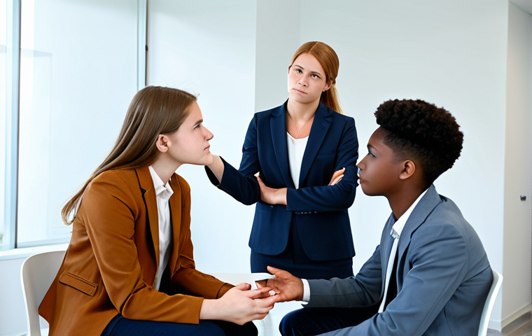 A professional female counselor, fully clothed in a modest business suit, gently engaging with a diverse group of four teenagers, all in appropriate, fully clothed, casual attire, within a modern, well-lit counseling room. The background subtly suggests digital presence with abstract elements, but no active screen use. The counselor has a compassionate, understanding expression, while the teenagers show thoughtful and engaged faces, natural poses, and correct proportions. Professional photography, high resolution, realistic, perfect anatomy, well-formed hands, safe for work, appropriate content, professional, family-friendly.