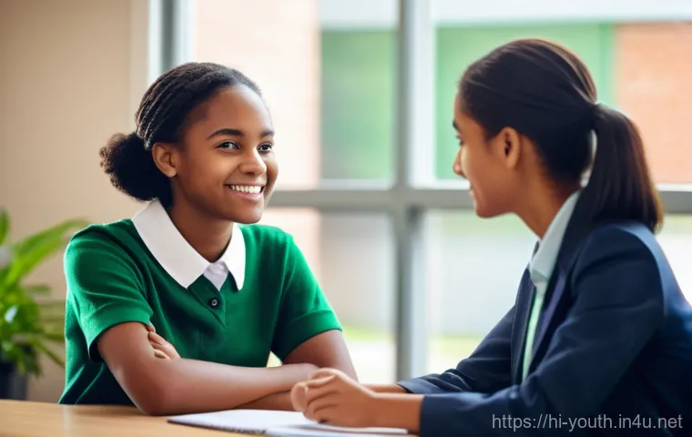 청소년상담사 자격증 취득 후 자주 묻는 질문 - **Prompt 1: Empowering School Counseling Session**
    A realistic, candid photograph of a young, em...