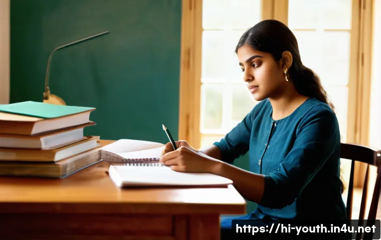 청소년상담사 시험 전략과 준비 시간 관리 - **Prompt:** A determined young Indian woman, in her early 20s, sits at a well-organized wooden desk ...