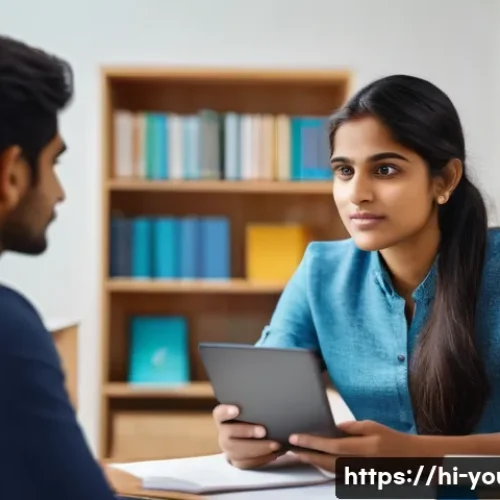 청소년상담사로서의 자기계발 방법 - A young Indian counselor attentively listening to a youth client in a cozy, modern office setting, s...
