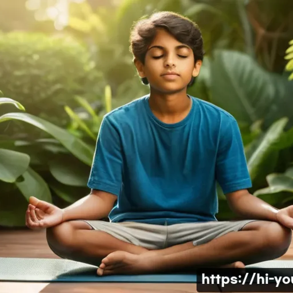 청소년상담사와 심리치료 관련 기술 - A thoughtful Indian adolescent boy sitting cross-legged on a yoga mat in a peaceful garden, practici...