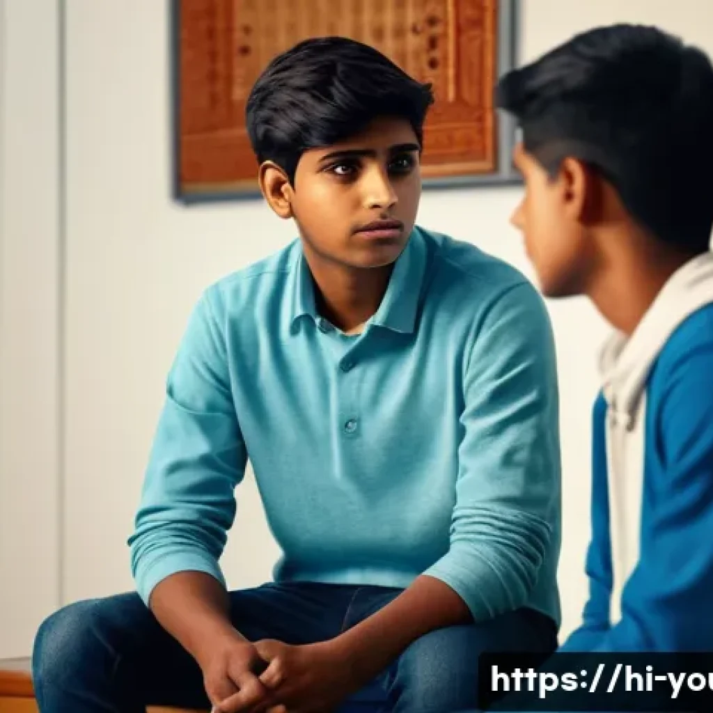 청소년상담사 실습 중 발생할 수 있는 문제 - A sensitive counseling session scene featuring an Indian teenage boy wearing casual clothes and a co...