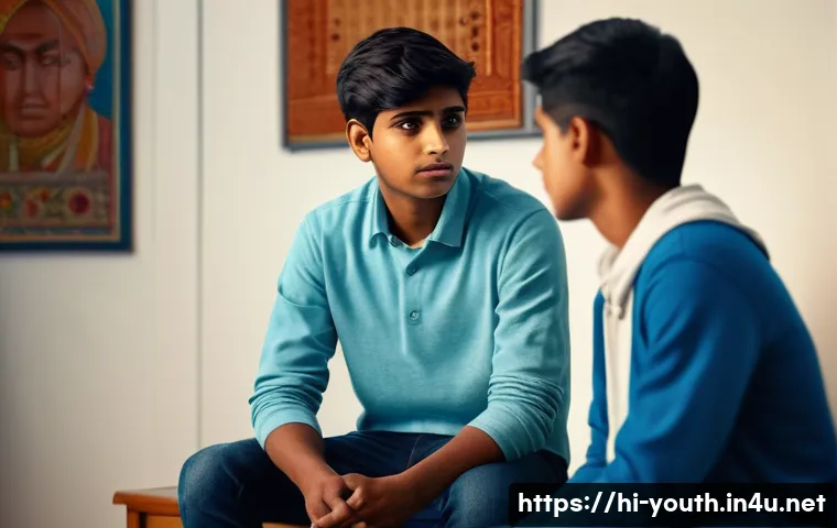 청소년상담사 실습 중 발생할 수 있는 문제 - A sensitive counseling session scene featuring an Indian teenage boy wearing casual clothes and a co...