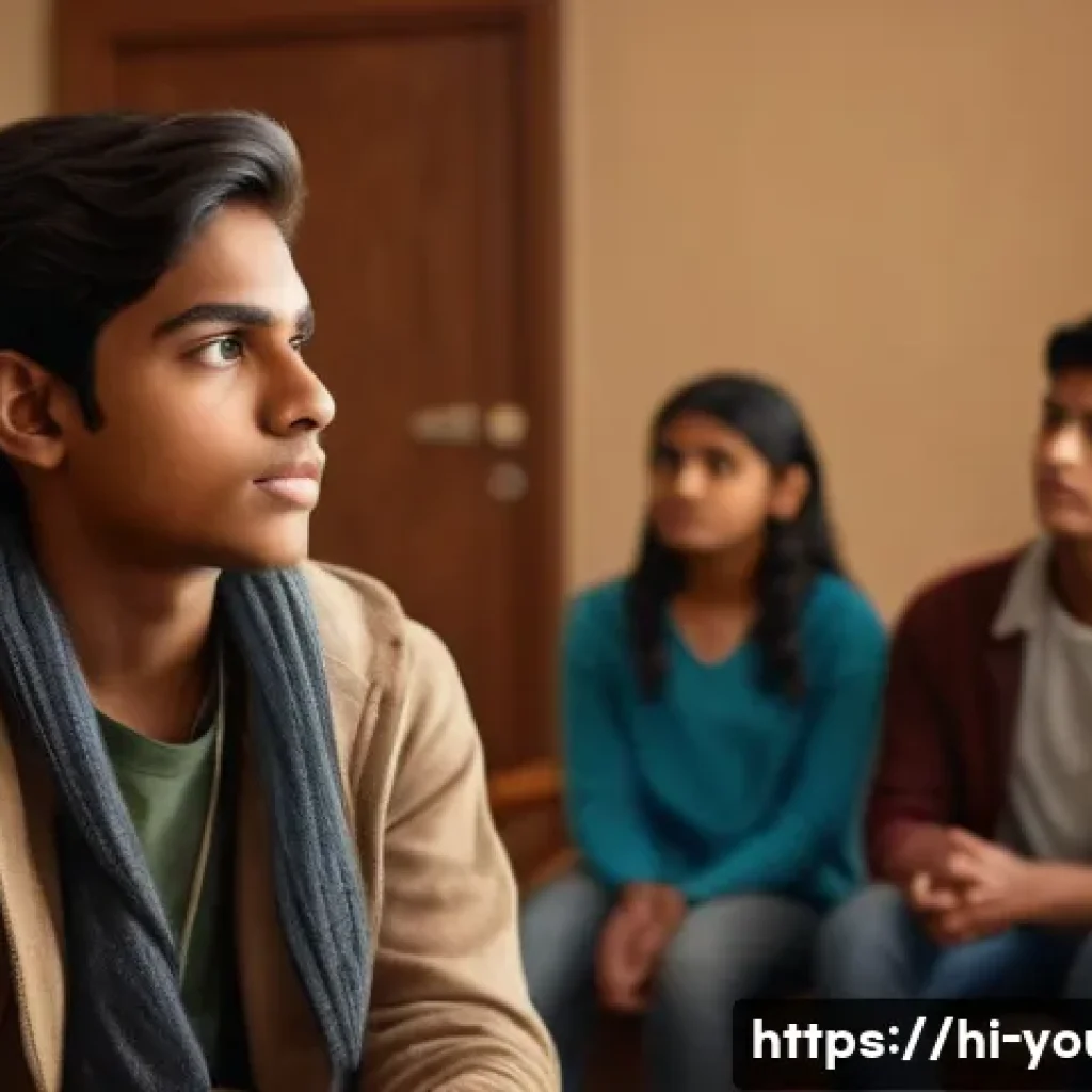 청소년상담사 자격증의 필요성과 효과 - A compassionate teenage counselor sitting in a cozy, well-lit room with warm earth tones, attentivel...