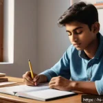 Home 22 청소년상담사 실기시험 연습 방법 - A focused Indian teenager sitting at a study desk in a cozy, well-lit room, wearing casual clothes, ...