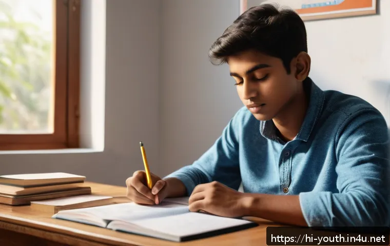 청소년상담사 실기시험 연습 방법 - A focused Indian teenager sitting at a study desk in a cozy, well-lit room, wearing casual clothes, ...