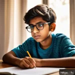 Home 20 청소년상담사와 심리학의 관계 - A thoughtful Indian teenage boy sitting at a study desk in a cozy home environment, wearing casual c...