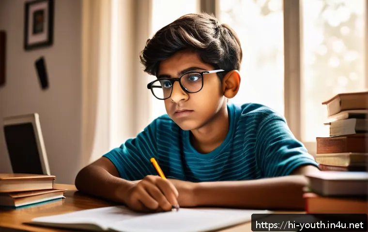 청소년상담사와 심리학의 관계 - A thoughtful Indian teenage boy sitting at a study desk in a cozy home environment, wearing casual c...