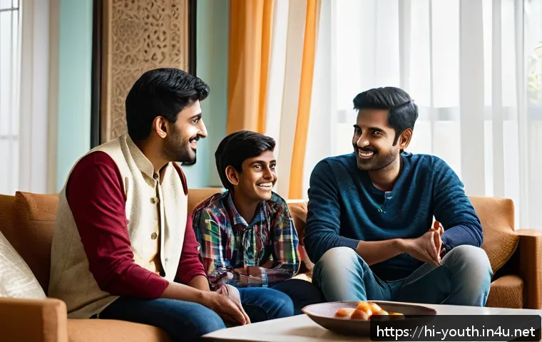 청소년상담사 실습 경험이 주는 교훈 - A serene and supportive family scene showing a young Indian man in his early twenties sitting with h...