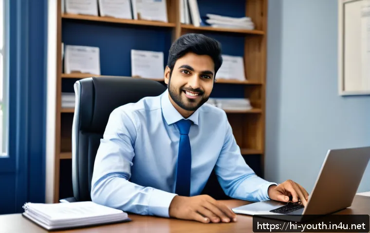 청소년상담사 취업 시 필요한 이력서 작성법 - A professional office setting showing a South Asian male job applicant dressed in formal business at...